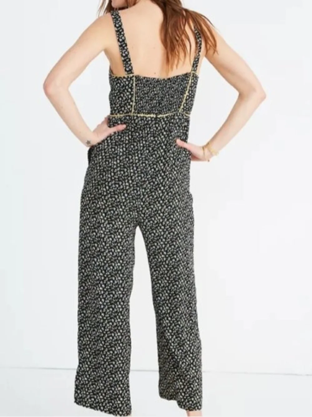Madewell Black Floral Wide-Leg Jumpsuit with Cream Trim